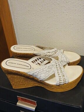 Athena Alexander White Woven Wedge Slide Sandals Women’s Size 11